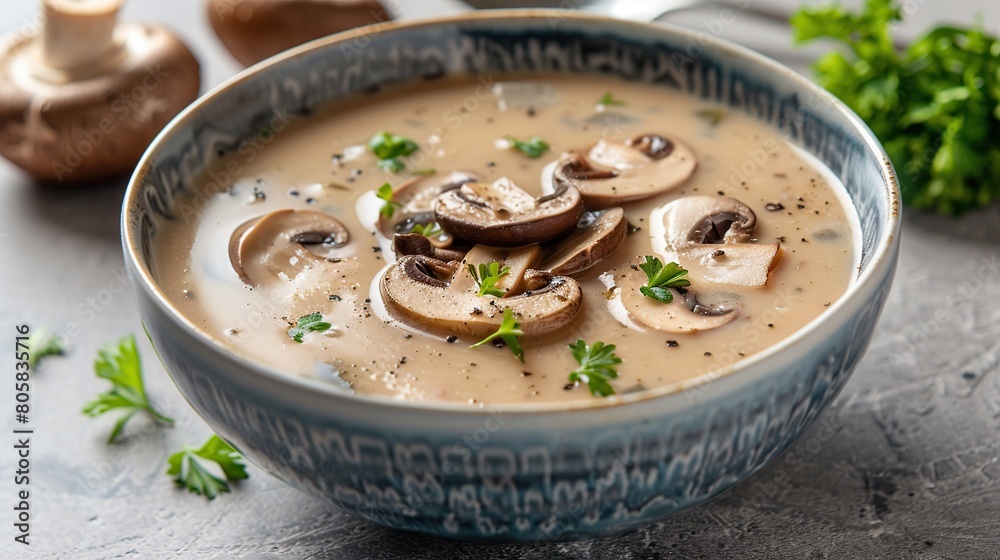 Autumn soup in minimal style. Creamy mushroom soup in bowl in modern concept . Generative Ai Autumn soup in minimal style. Creamy mushroom soup in bowl in modern concept . Generative Ai