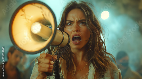 A beautiful woman shouts angrily while holding a megaphone, Ai Generated Images photo