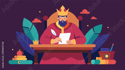 Sitting at his writing desk the emperor journals about his thoughts and emotions processing them with honesty and introspection.. Vector illustration