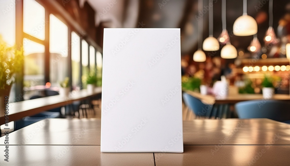 Gourmet Gathering: Mockup Empty White Label Menu Frame with Café Interior Background Gourmet Gathering: Mockup Empty White Label Menu Frame with Café Interior Background