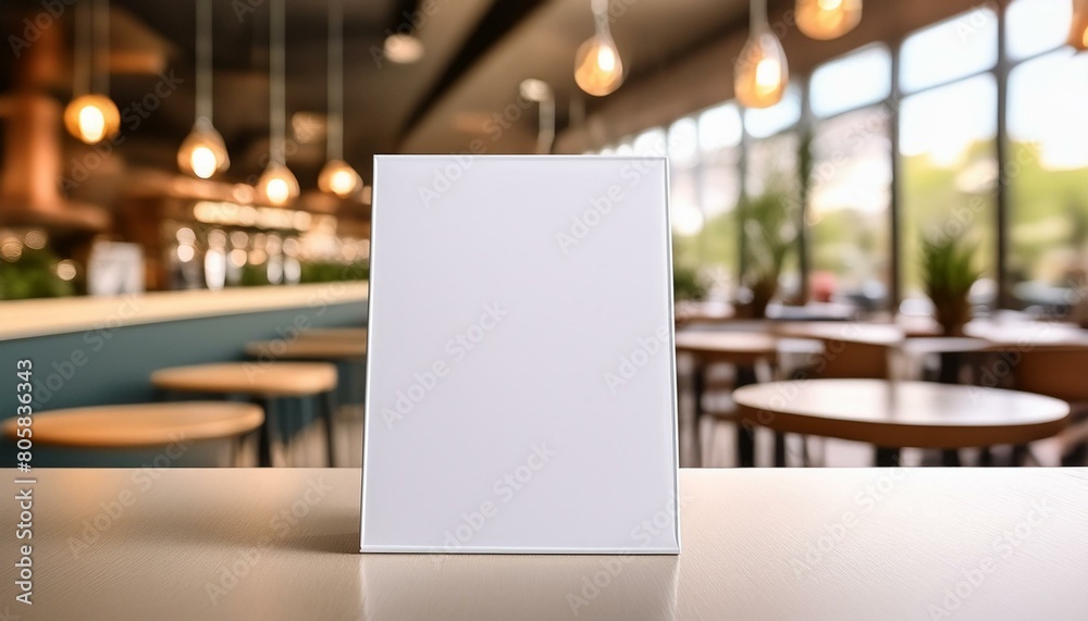 Casual Dining Charm: Mockup Empty White Label Menu Frame with Restaurant Interior Casual Dining Charm: Mockup Empty White Label Menu Frame with Restaurant Interior