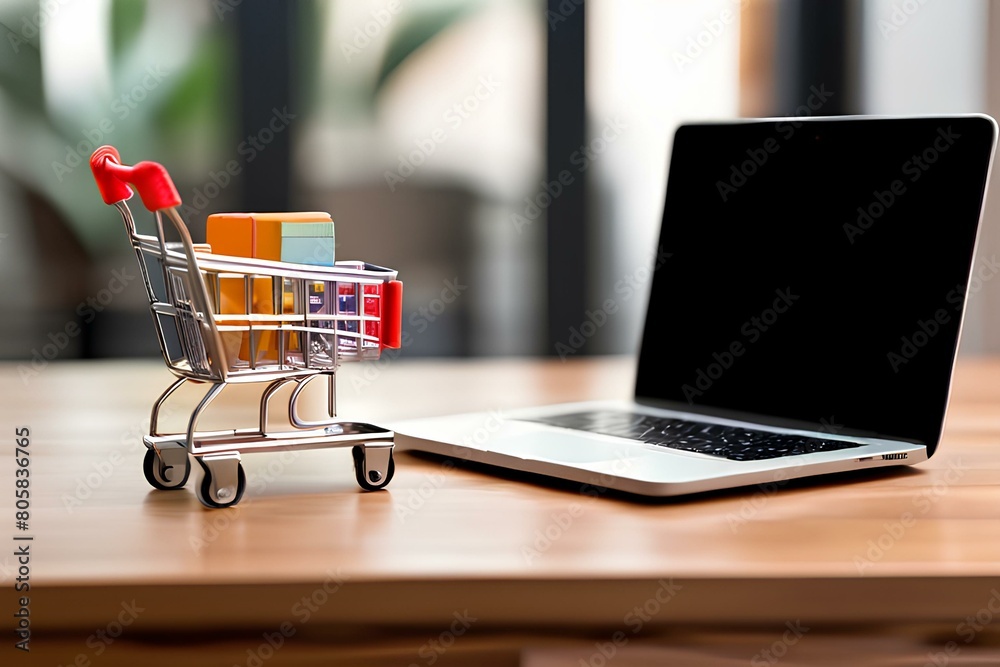 Online shopping concept with miniature shopping cart standing in front of laptop.