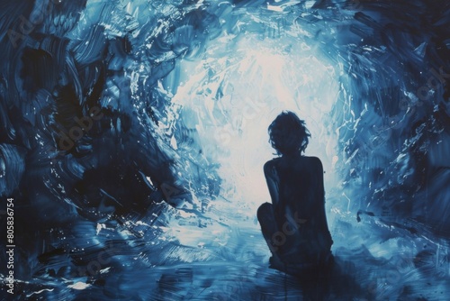 A woman is sitting in a cave with a blue background