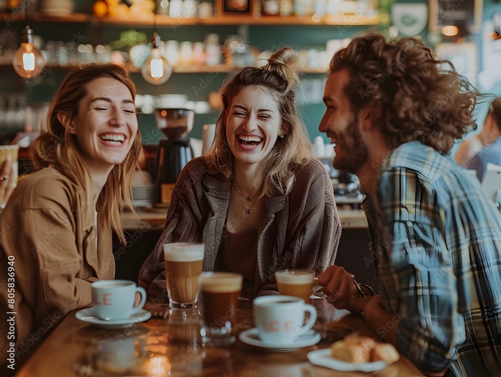 Friends Laughing and Sharing Stories at Cozy Urban Cafe