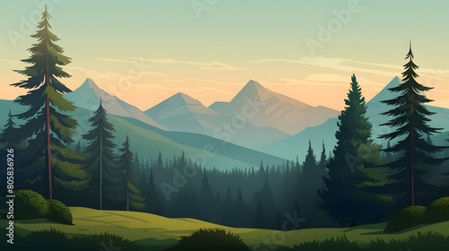 tranquil morning in the evergreens, peaceful dawn in pine forest, mountains in quiet reverie photo