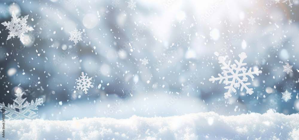 Winter background with falling snowflakes of snow with blur effect