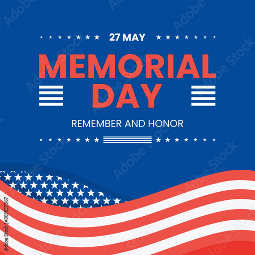 American memorial day greeting card template design, with blue background and red striped pattern and american flag