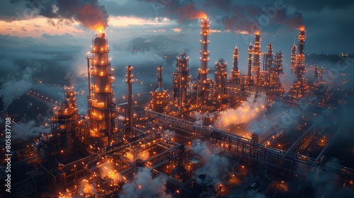 Night view of an oil refinery with complex pipes.