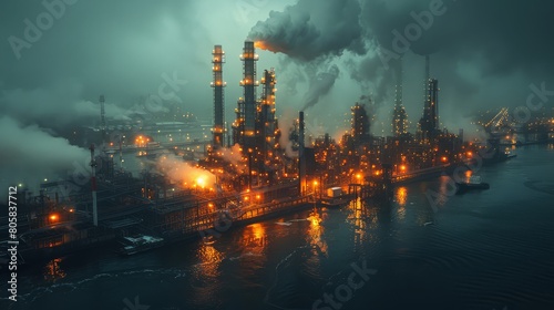 Nighttime exterior of an energy plant with glowing lights and steam rising  moody and atmospheric