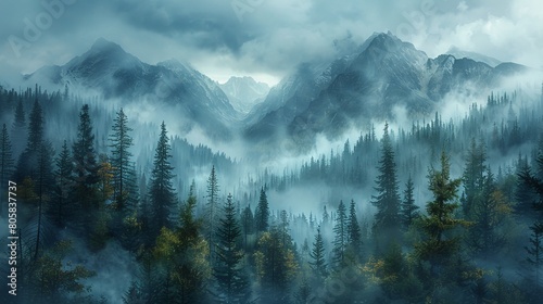 Misty mountain view from within a magical forest