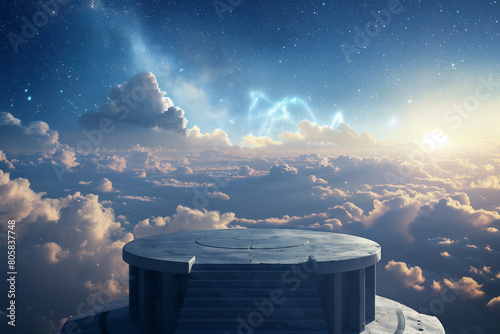 A ceremonial podium overlooking a vast landscape of clouds, under a starry