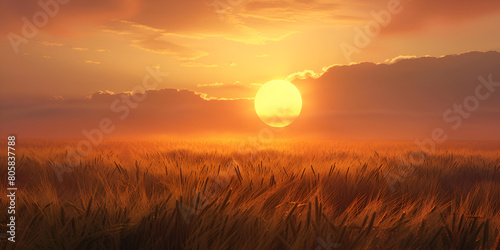 The sun is descending on the horizon, casting a warm golden glow over a vast field of wheat.