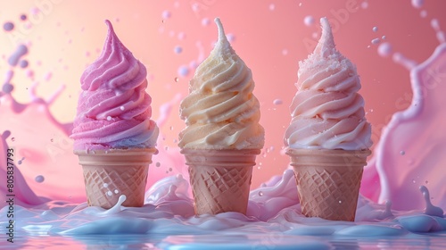 Minimalist ice cream factory with pastel colors and flowing liquid cream  simple and appealing