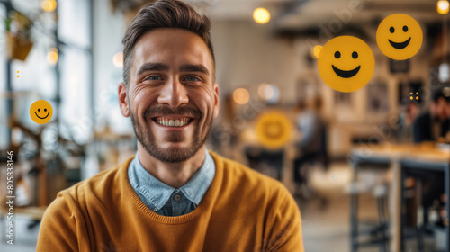 A young smiling man in the office with emoji smiles flying around him. The person receives a pleasant message