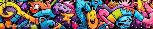 Vibrant Urban Street Art Mural Featuring Colorful Graffiti Elements. Horizontal banner