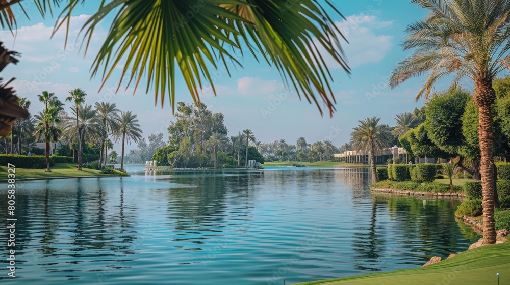 Serene Tropical Lakeside Scenery with Lush Palm Trees and Clear Blue Sky