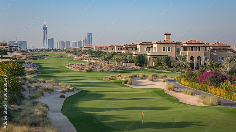 Fototapeta premium Luxury Golf Course Estate with City Skyline View at Sunset
