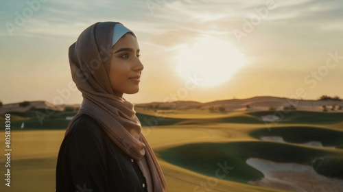 Serene Muslim Woman Enjoying Sunset on Peaceful Desert Golf Course. Horizontal banner with copy space