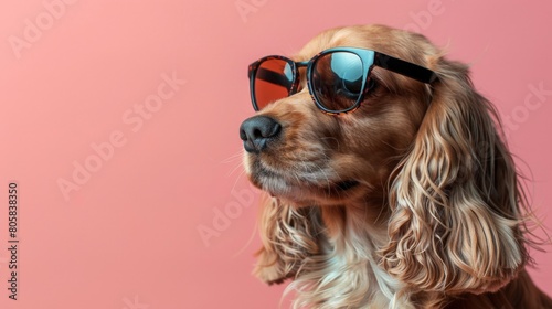 Stylish Cocker Spaniel Sporting Sunglasses on Pink Background. Horizontal banner with copy space