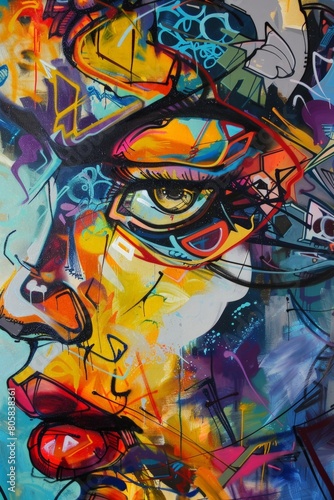 Vibrant Urban Graffiti Art Depicting Abstract Eye and Face on Wall