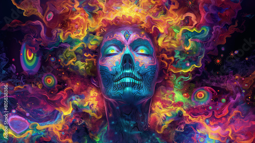 A colorful painting of a woman with a skull on her face