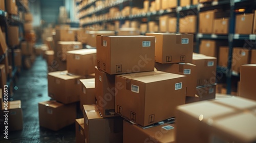 Piles of parcel boxes ready for shipment at a startup, orderly chaos, photorealistic