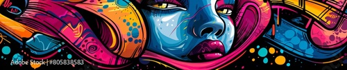 Vibrant Pop Art Portrait of a Woman in Bold Colors with Abstract Elements. Horizontal banner © Jullia