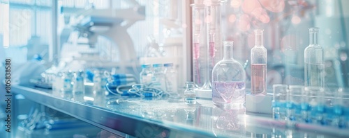 A lab bench with many bottles and beakers on it. The bottles are of different colors and sizes