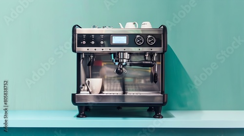 Cutting Edge and High Tech Espresso Machine with Bold and Visually Striking Design on a Fresh and Inviting Mint Green Background Generative ai
