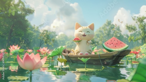 3D Landscape C4D Cartoon Cute Style Illustration: A Cat Eating Watermelon on a Small Boat in a Lotus Pond, Summer Poster