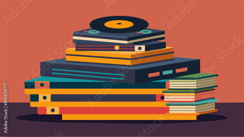 A stack of old dusty vinyl records sits on a table waiting to be sifted through and added to a collectors collection. Vector illustration
