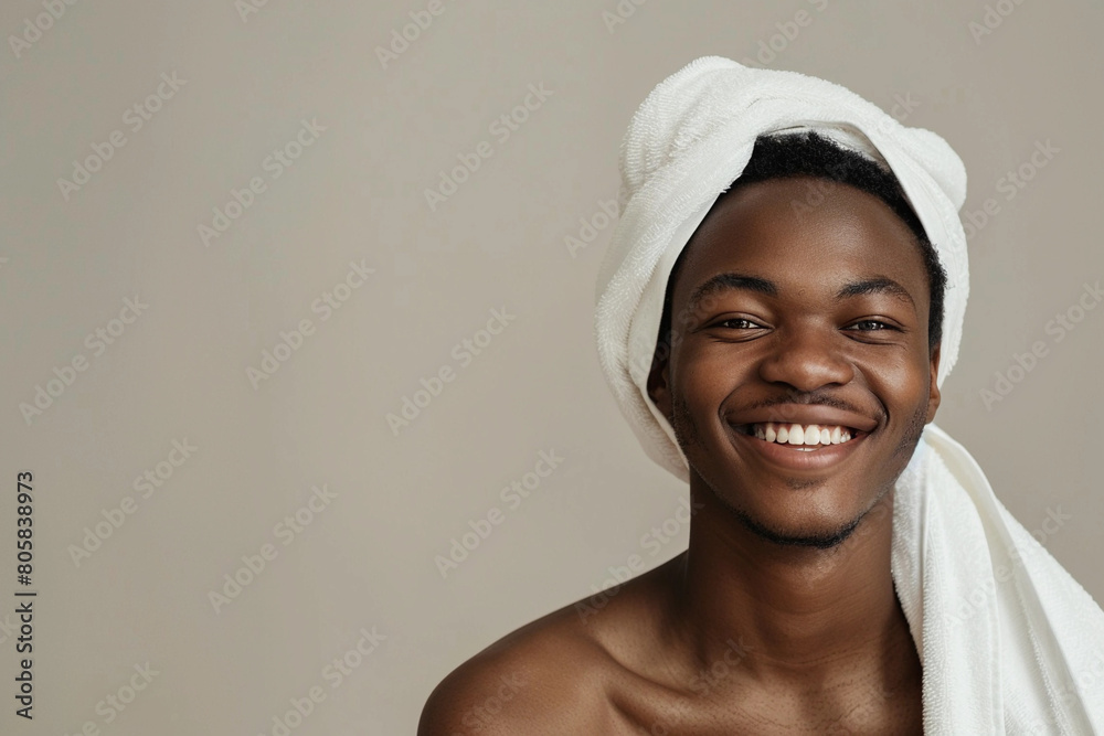 Portrait of a half naked african-american man with a towel wrapped around head and looking at camera. Image for a facial spa or wellness center, skincare brand. Banner with copy space. Portrait of a half naked african-american man with a towel wrapped around head and looking at camera. Image for a facial spa or wellness center, skincare brand. Banner with copy space.