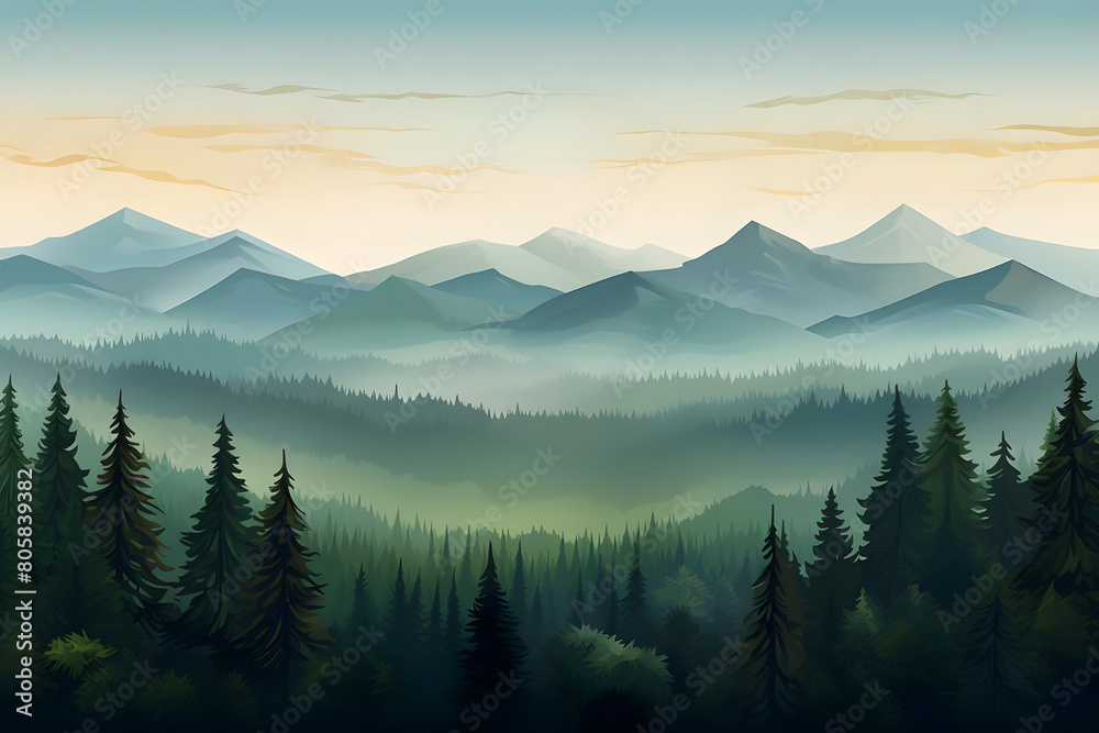 pine forest panorama, dawn's light painting evergreen canopy, mountains beyond in shadow