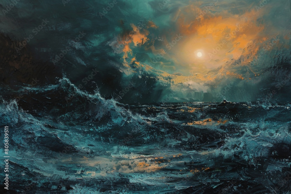 A painting of a stormy sea with a sun in the sky