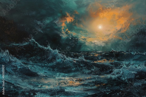 A painting of a stormy sea with a sun in the sky © Pix
