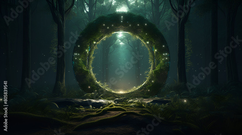 a circle of moss in the middle of a forest filled with trees,background with glowing lights