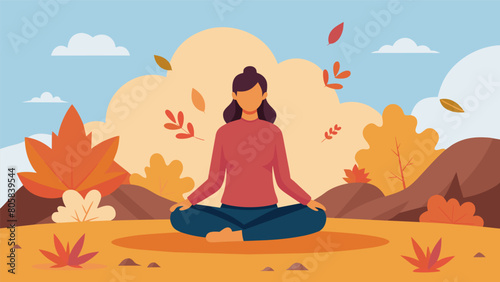 A woman sitting crosslegged on a large rock gazing at the colorful leaves while meditating in the crisp fall air.. Vector illustration