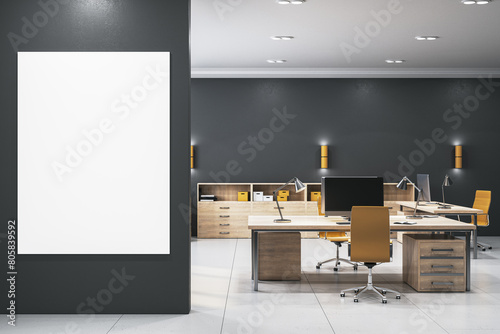 Modern wooden and gray coworking office interior with blank white mock up banner on wall. Workplace concept. 3D Rendering.