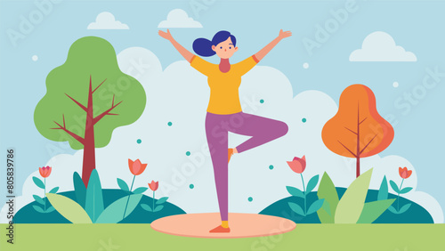 Balancing on one leg in a tree pose you envision yourself rooted in the peaceful garden as you reach your arms up and sway side to side opening up. Vector illustration photo