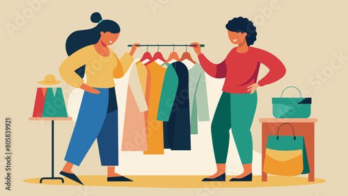 In a sea of vintage clothing two friends rummaging through the racks and sifting through piles determined to find the perfect pieces for their thrift. Vector illustration photo