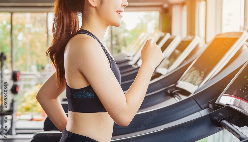 ジムでトレッドミルの上を走るスポーツウェアを着た健康的な若い女性。ヘルスケアのコンセプト。 ジムでトレッドミルの上を走るスポーツウェアを着た健康的な若い女性。ヘルスケアのコンセプト。