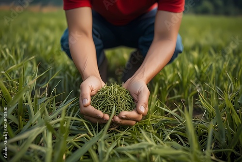 close up of farmer& x27;s hand holding green rice in the fields. Asian culture or rice cultivation culture photo