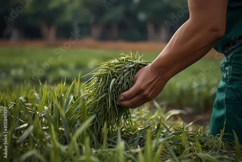 close up of farmer& x27;s hand holding green rice in the fields. Asian culture or rice cultivation culture photo