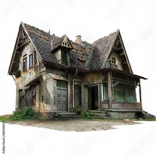 Abandoned wooden house isolated on white background front view, 3D rendering.with Generative AI technology 