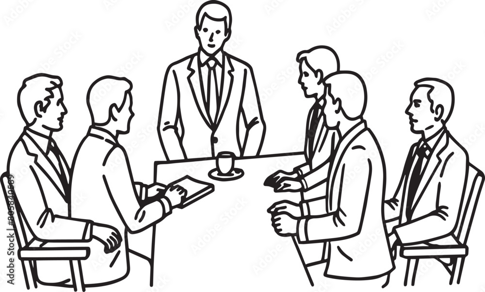 Business people at a meeting. Black and white vector illustration for coloring book.