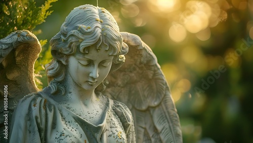 Caption of a sad angel statue in a cemetery at a funeral. Concept "An angel weeps, in silent grace, watching over souls at rest,"