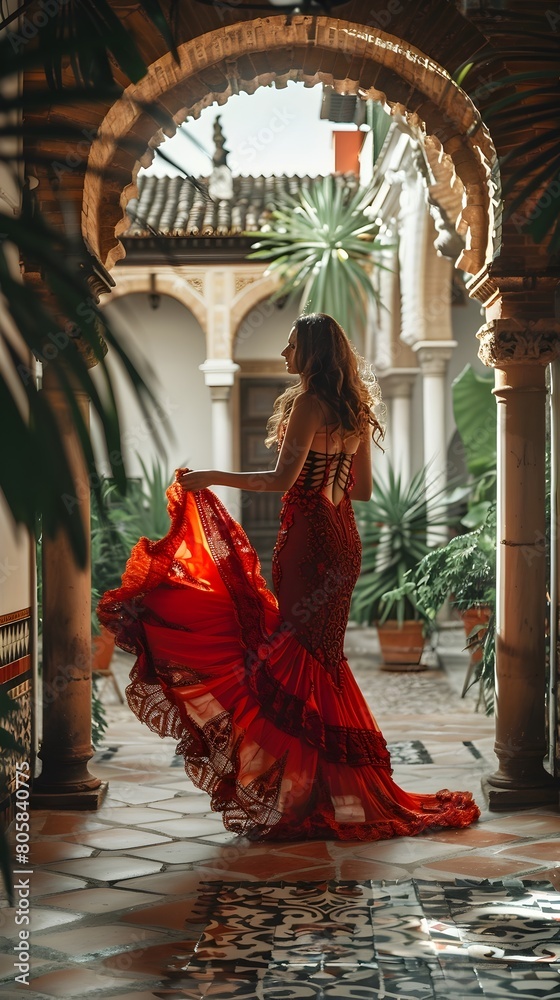 Naklejka premium Passionate Flamenco Dancer Performing in an Andalusian Patio with Vibrant Architectural Backdrop