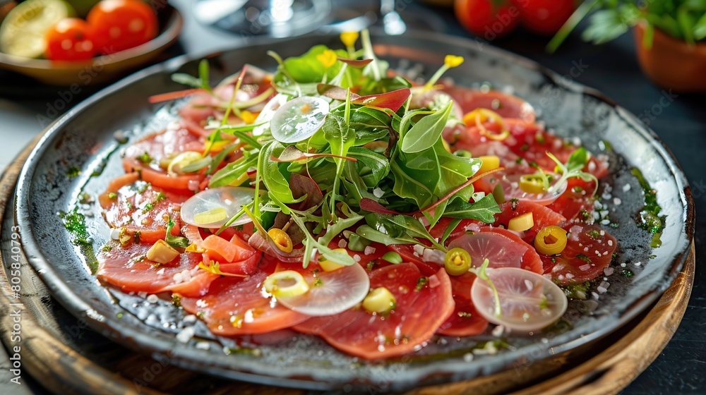 Beef Carpaccio cold appetizer with parmesan and arugula on a plate. Generative Ai Beef Carpaccio cold appetizer with parmesan and arugula on a plate. Generative Ai
