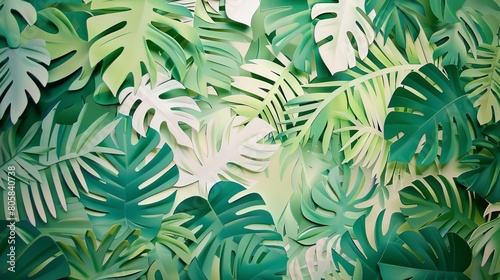 A dynamic pattern of overlapping leaves cut from paper  creating the impression of a lush tropical canopy