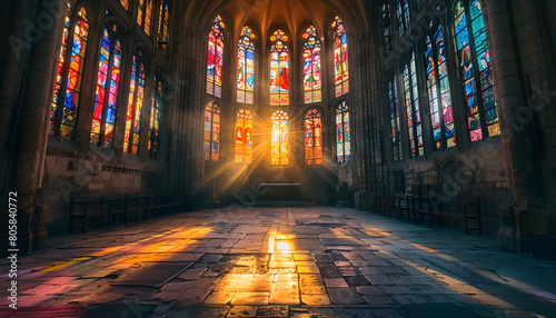 Inside an old gothic chapel, stained glass illuminates ancient history, creating a tranquil and sacred atmosphere, perfect for religious or historical usage.